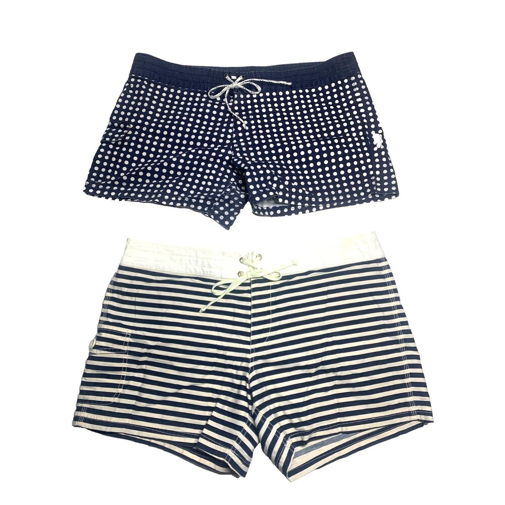 2 -Pair J. CREW Size 12 Striped Swim Board Shorts & Polka Dot Board Shorts Navy